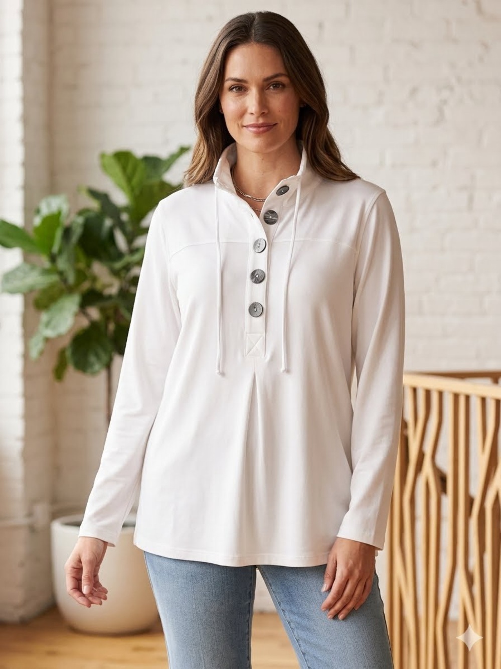 NWOT Lulu B White Super Soft Comfy Long Sleeved Top Buttons Drawstring Sz XL - Picture 2 of 5